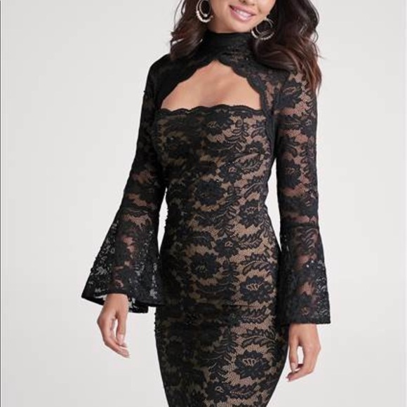 Dresses & Skirts - Absolutely stunning lace dress with bell sleeve size XS NWT Black & Nude color